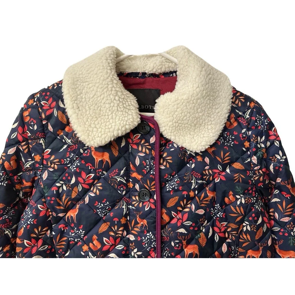 Talbots Womens Size XS Navy Ditsy Woodland Animal Print Quilted Bomber Jacket